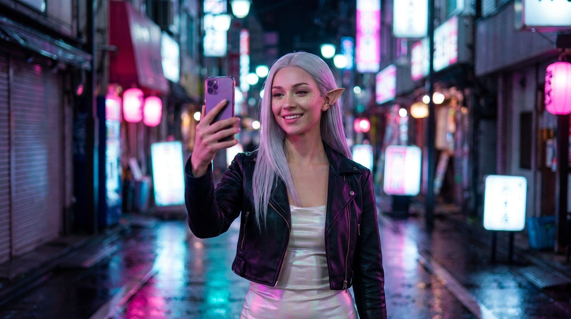 Silver-haired elf influencer filming a selfie on a neon-lit Tokyo street at night. AI-generated · Kling v3 Pro