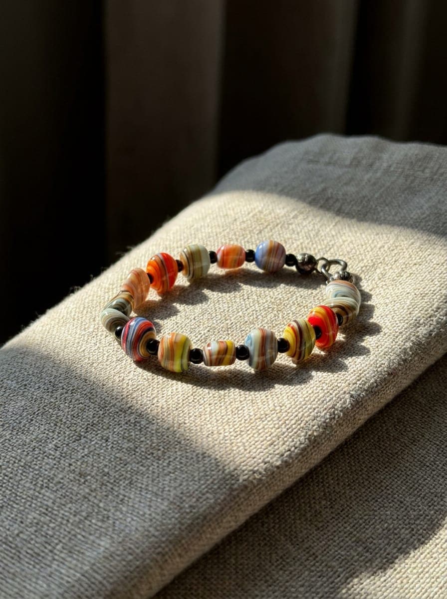 Bracelet of swirled glass beads with dark spacers and a metal clasp on linen in a shaft of light. AI-generated · Nano Banana Pro + Kling 3.0 Turbo