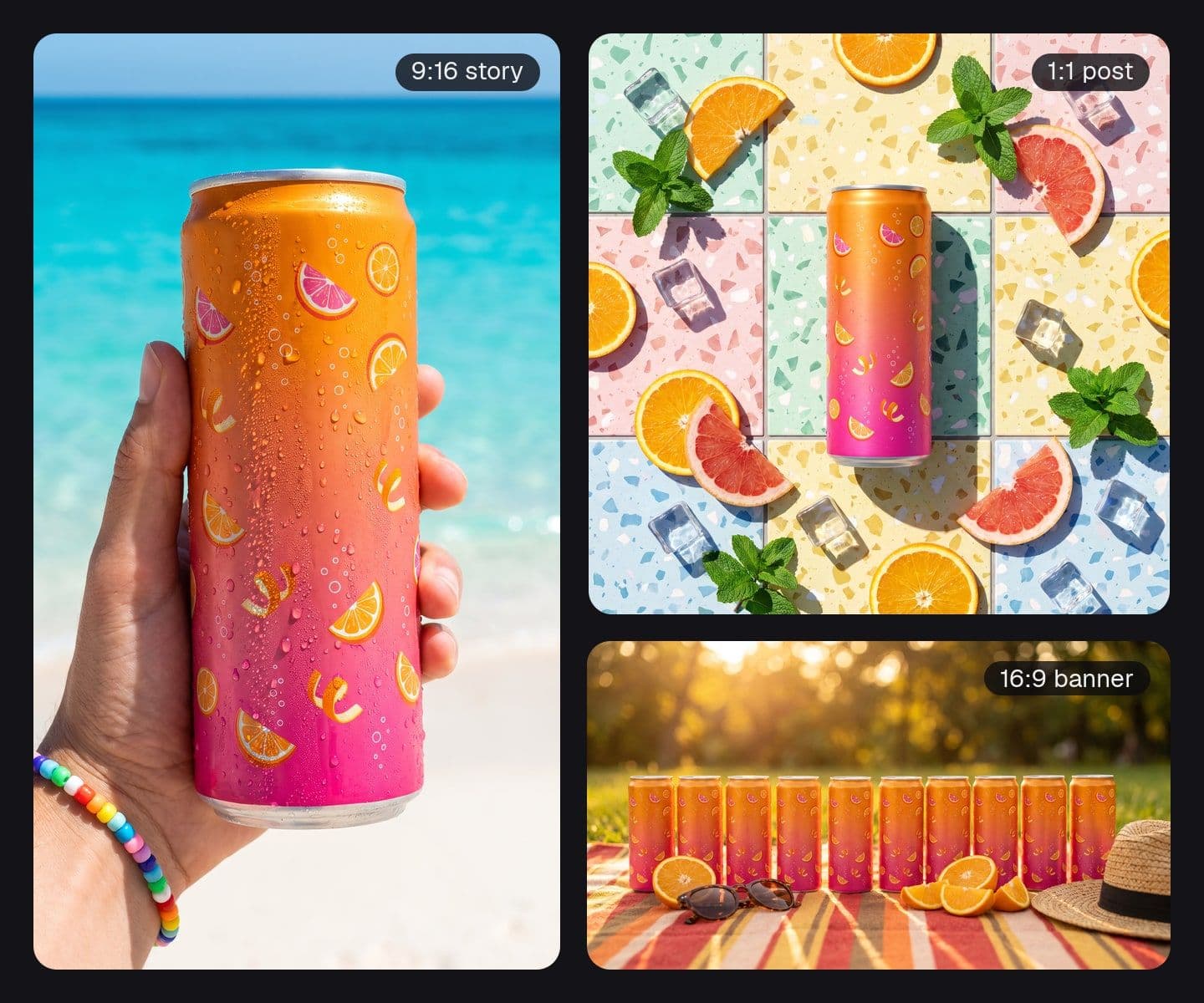 One citrus sparkling-water can shown as a 9:16 story, a 1:1 post and a 16:9 banner. AI-generated · Nano Banana Pro