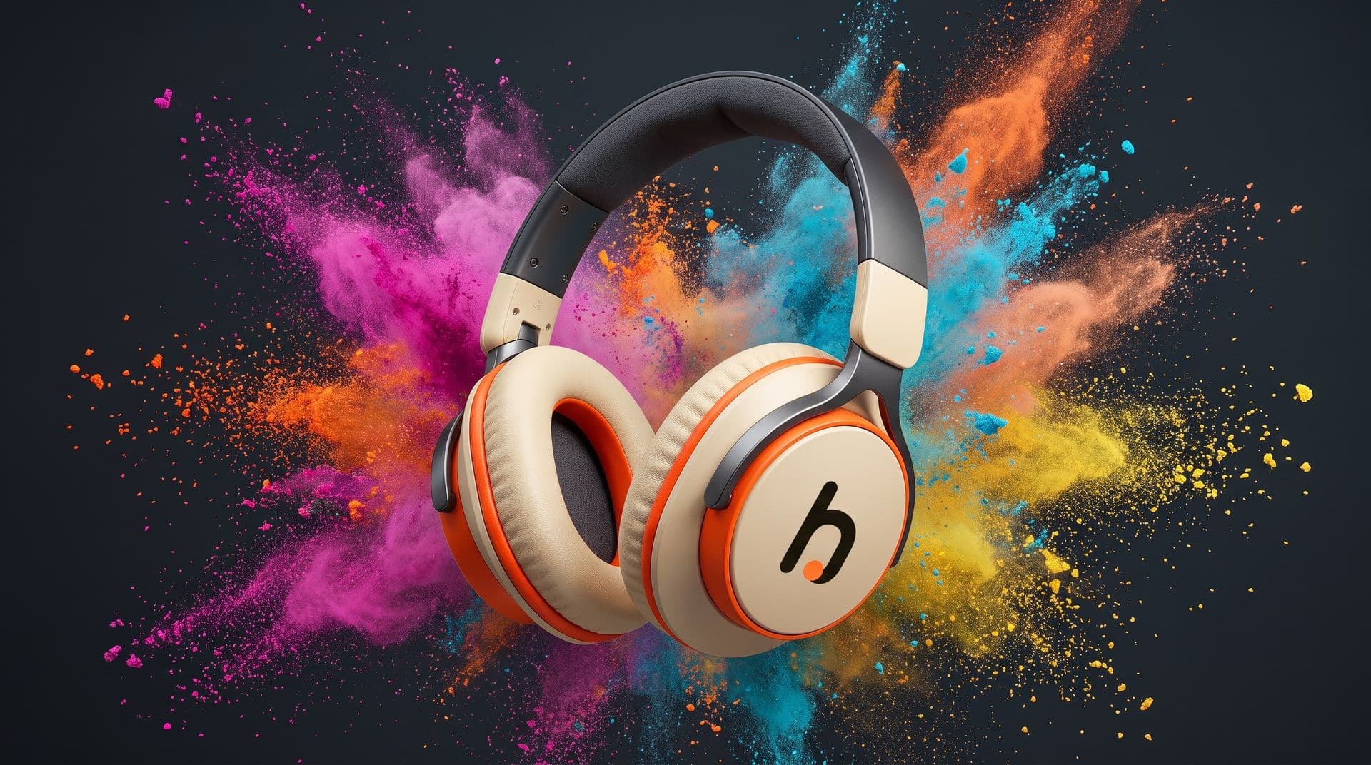 Cream and orange headphones with the Hooxy mark bursting out of a cloud of coloured powder. AI-generated · Veo 3.1