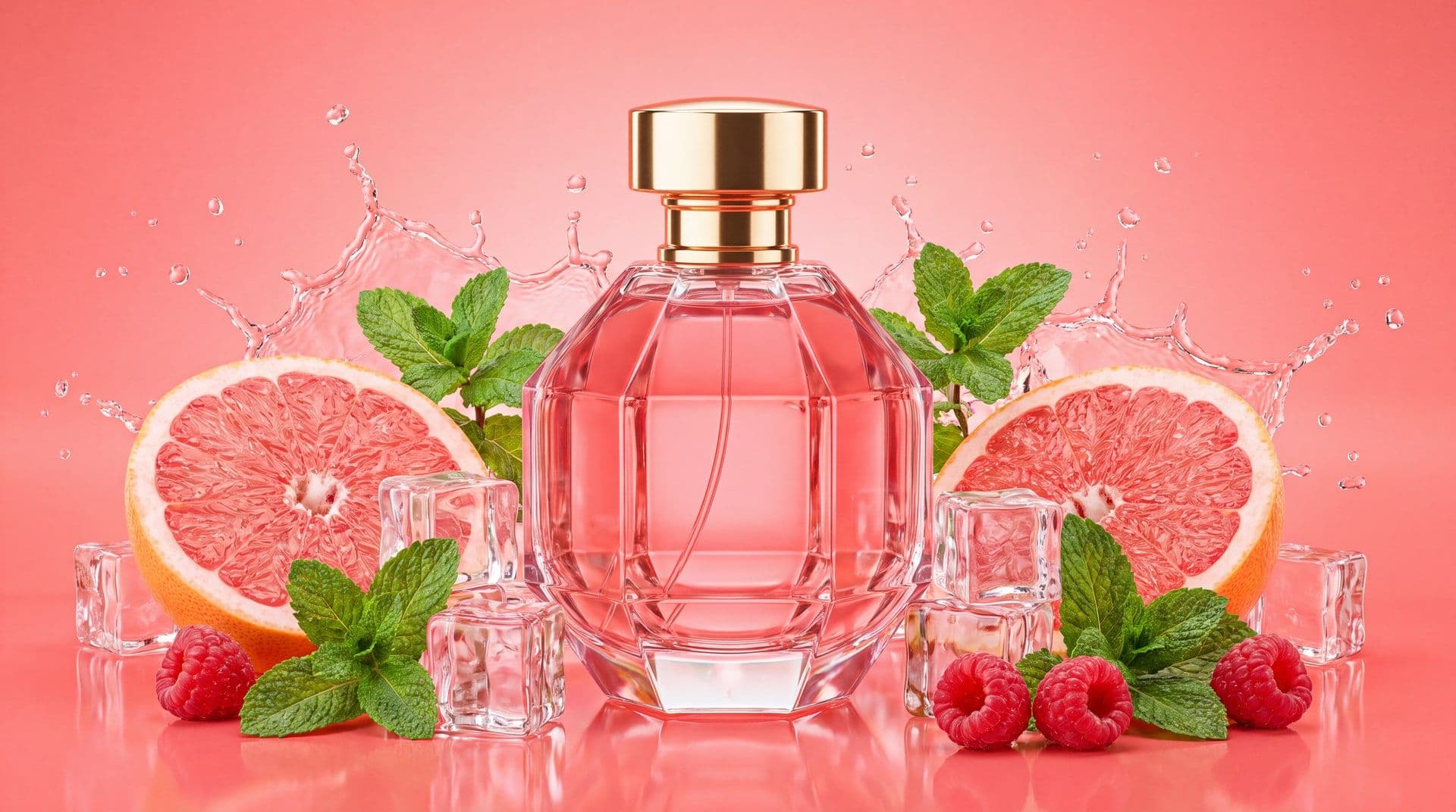 Pink perfume bottle with a gold cap among ice, grapefruit, mint and raspberries. AI-generated · Nano Banana Pro