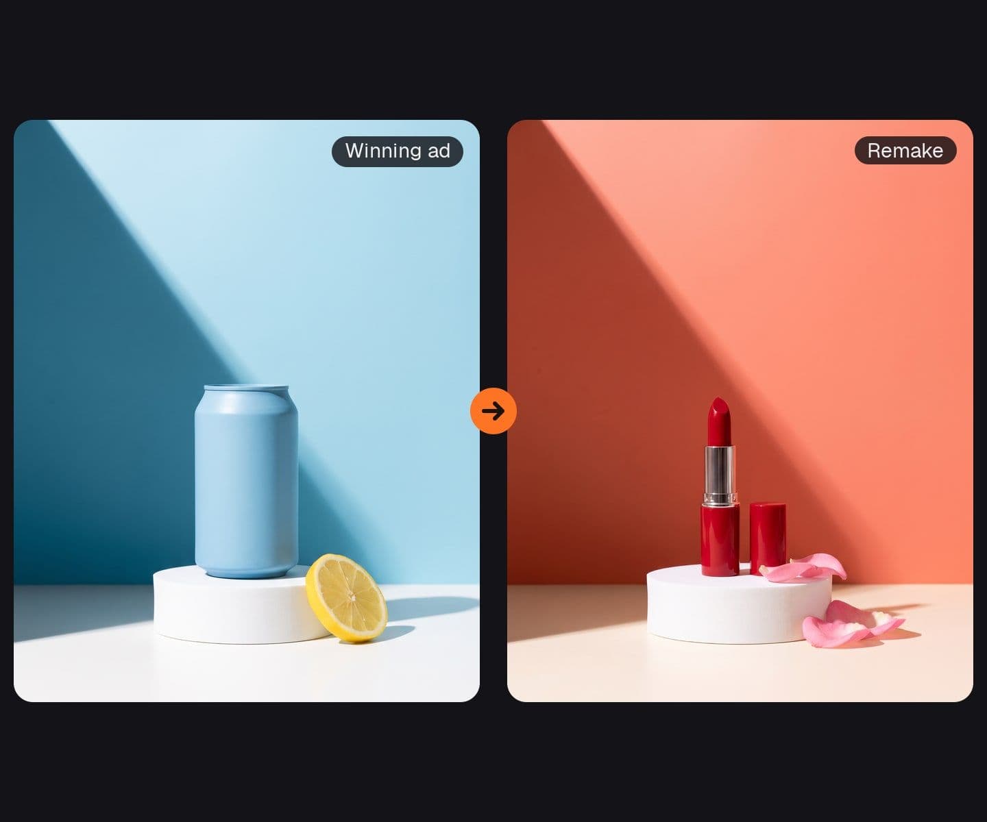 A pastel-blue can ad beside its remake: the same composition with a red lipstick in coral tones. AI-generated · Nano Banana Pro