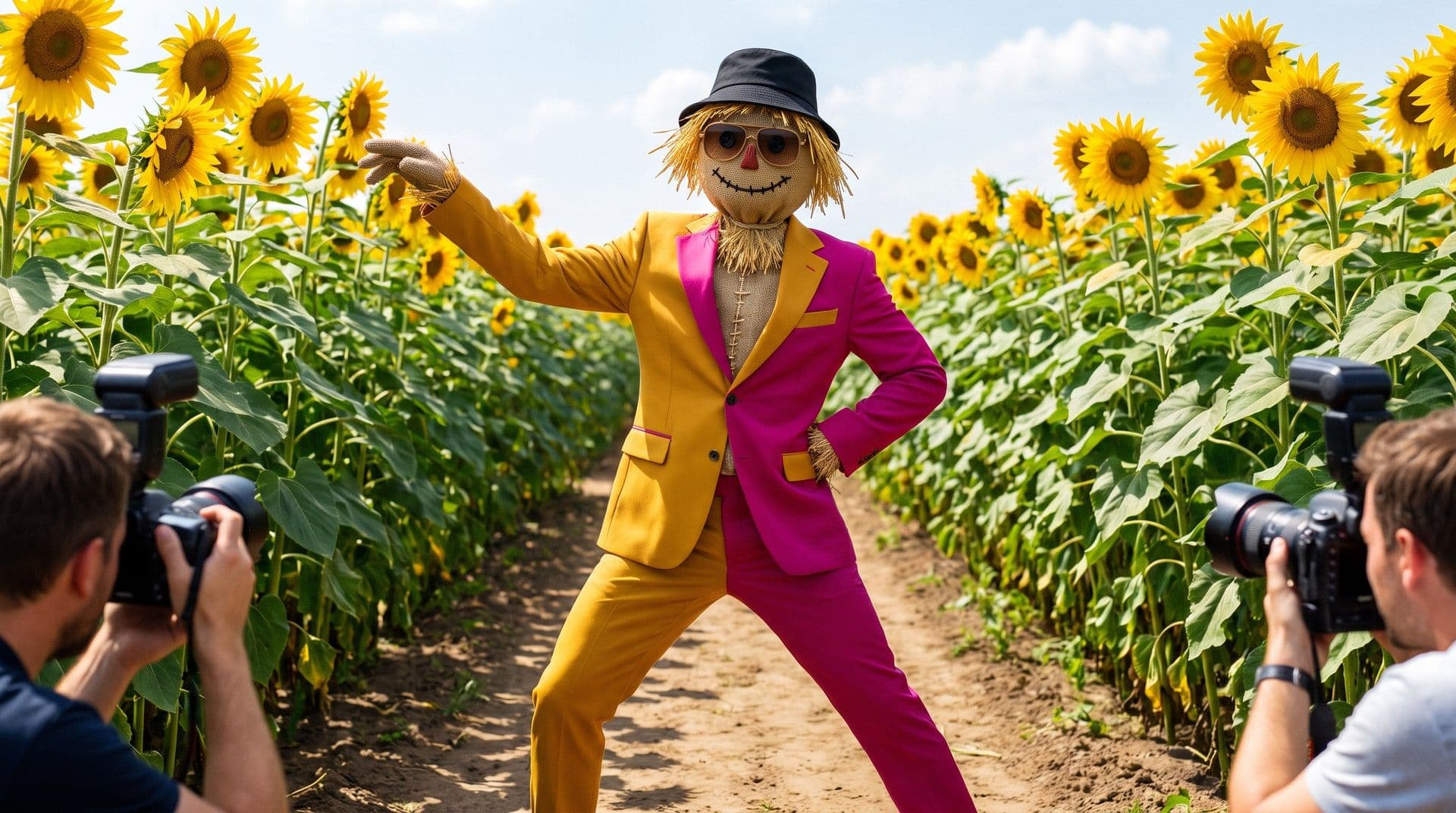 Scarecrow influencer in a mustard and magenta suit posing on a sunflower-field runway. AI-generated · Veo 3.1