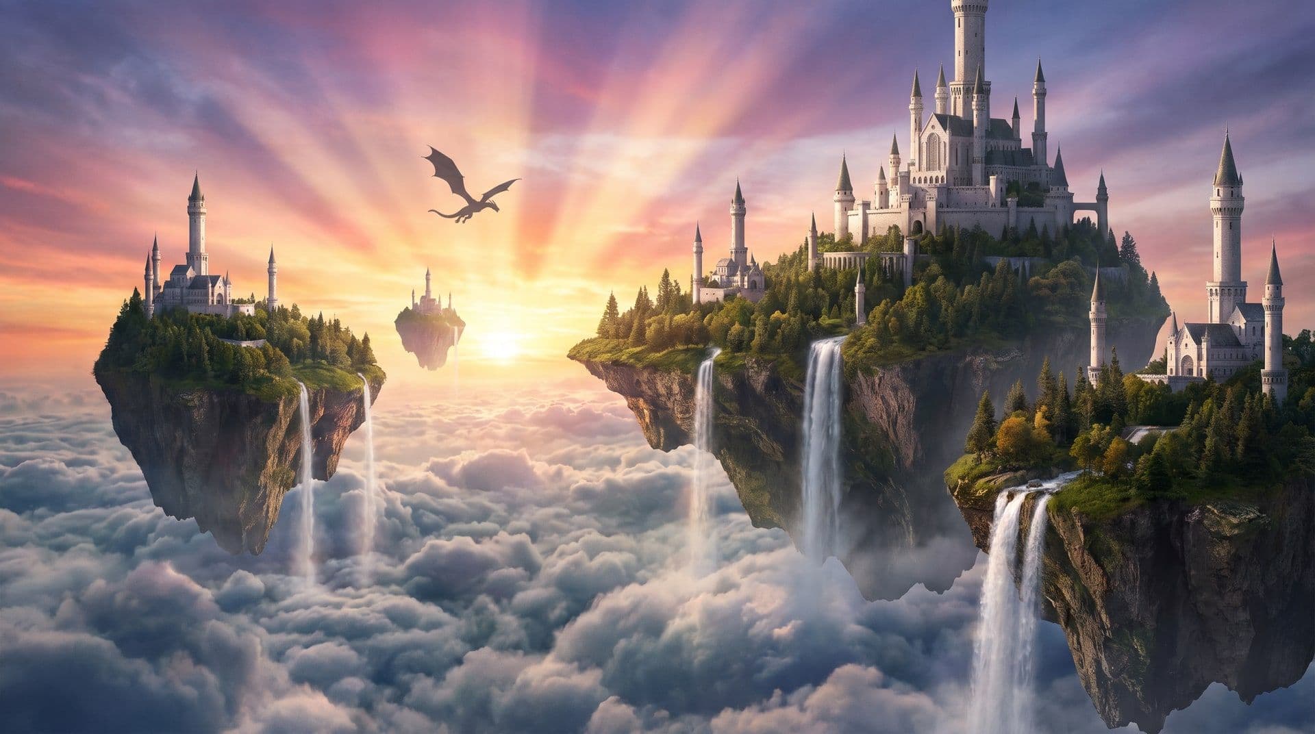 Floating islands with waterfalls and white castles at sunrise, a dragon in the sky. AI-generated · Nano Banana Pro + Eleven v3