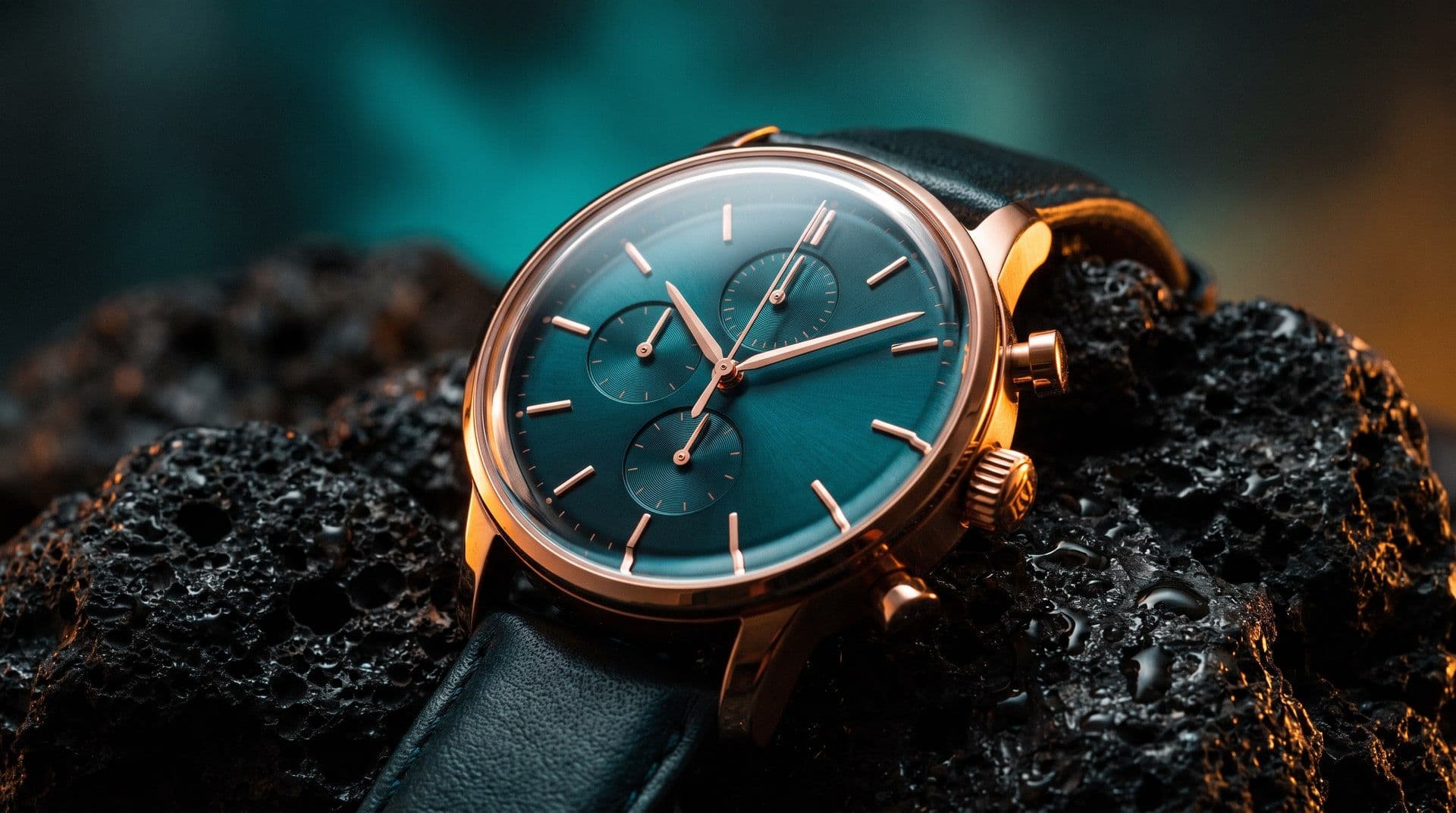 Rose-gold chronograph with a teal dial on wet black volcanic rock. AI-generated · Kling v3 Pro
