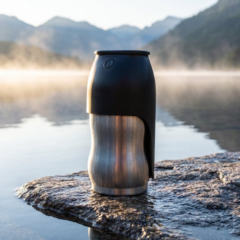Square post: the flask on a rock at the misty lake. AI-generated · Nano Banana Pro