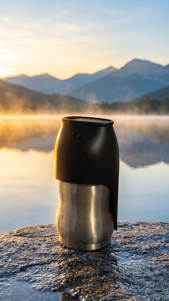 Story: the flask on a rock at the lake, with the sunrise sky above it. AI-generated · Nano Banana Pro