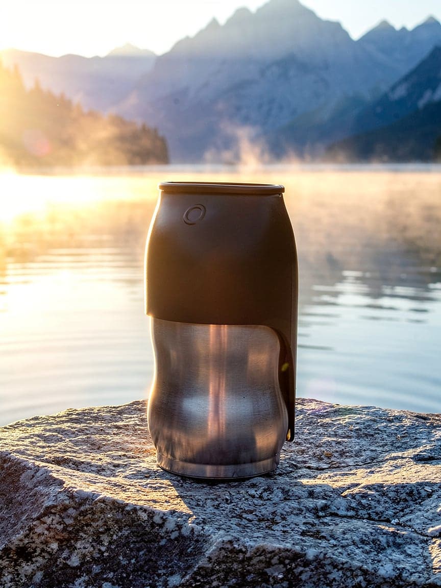 The same flask by the misty lake at sunrise, made by FLUX.2. AI-generated
