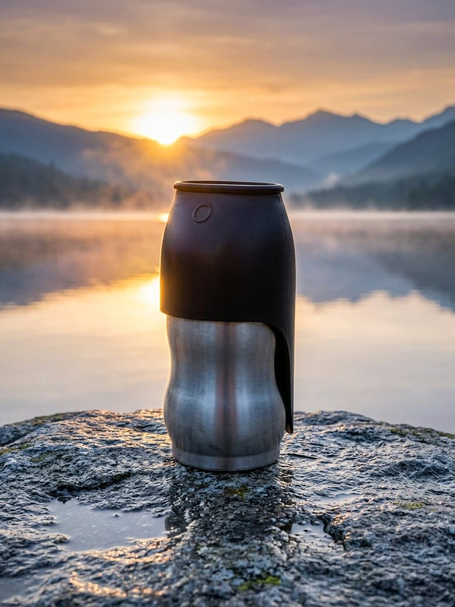 The same flask by the misty lake at sunrise, made by Nano Banana 2. AI-generated