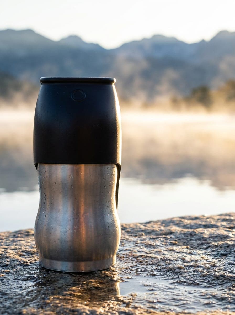 Stainless steel vacuum flask with a black lid on a rock by a lake at sunrise. AI-generated · Nano Banana Pro + Kling 3.0 Turbo