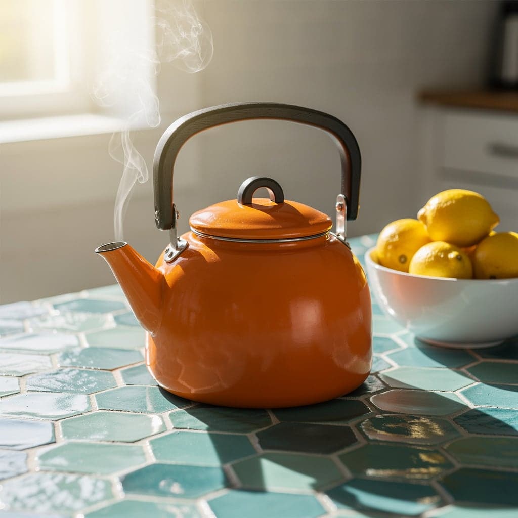 An orange enamel kettle steaming on turquoise tiles in morning sun, a bowl of lemons beside it. AI-generated · FLUX.2