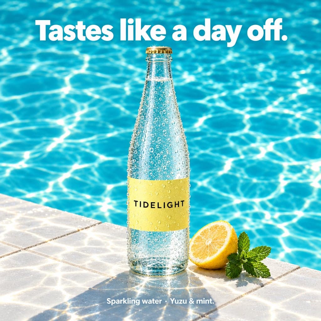 Poster: a bottle of sparkling water on a pool's edge under the headline “Tastes like a day off.”. AI-generated · GPT Image 2.5
