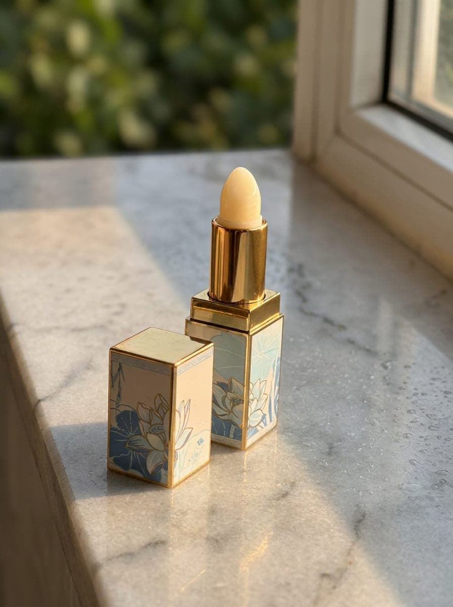 Lip balm in a gold-framed ivory case with a blue lotus print, cap off, on marble in morning light. AI-generated · Nano Banana Pro + Kling 3.0 Turbo