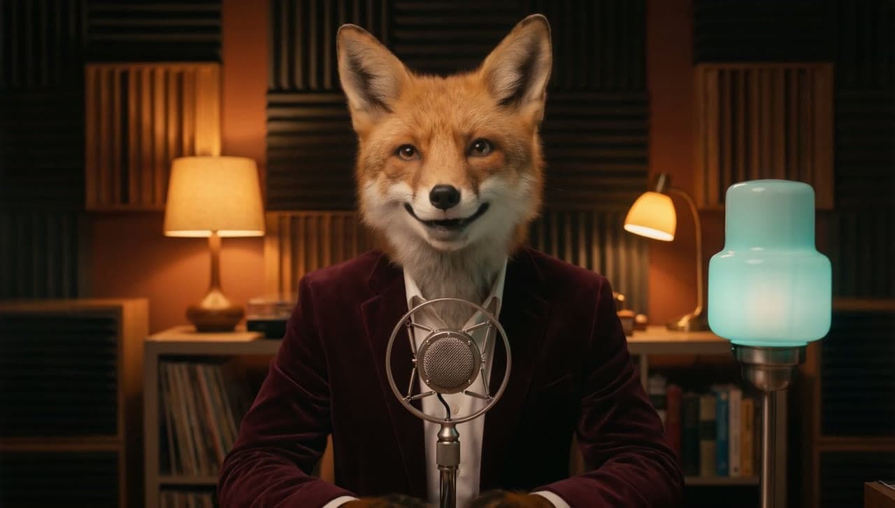 Fox radio host in a burgundy velvet jacket at a vintage studio microphone. AI-generated · OmniHuman 1.5 + Eleven v3
