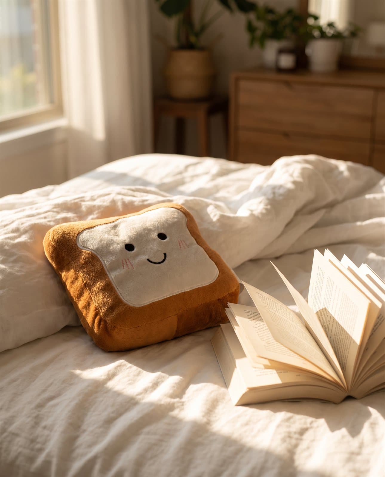 Plush toast cushion with an embroidered smiling face on a rumpled white linen bed beside an open book. AI-generated · Nano Banana Pro