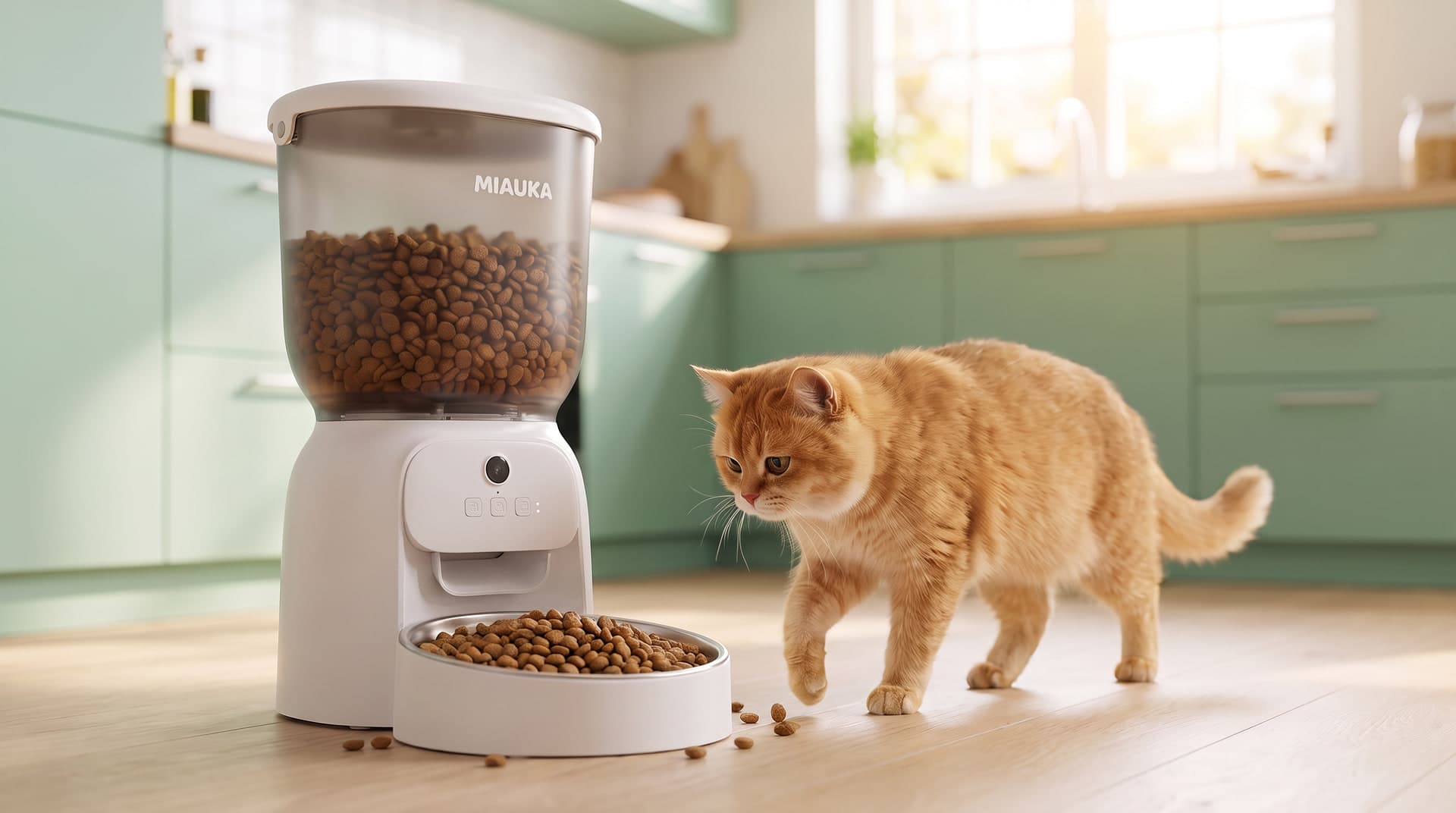 The same feeder, branded MIAUKA, in a sunlit mint-green kitchen, its bowl filled as a ginger cat comes to eat. AI-generated · Nano Banana Pro + Veo 3.1