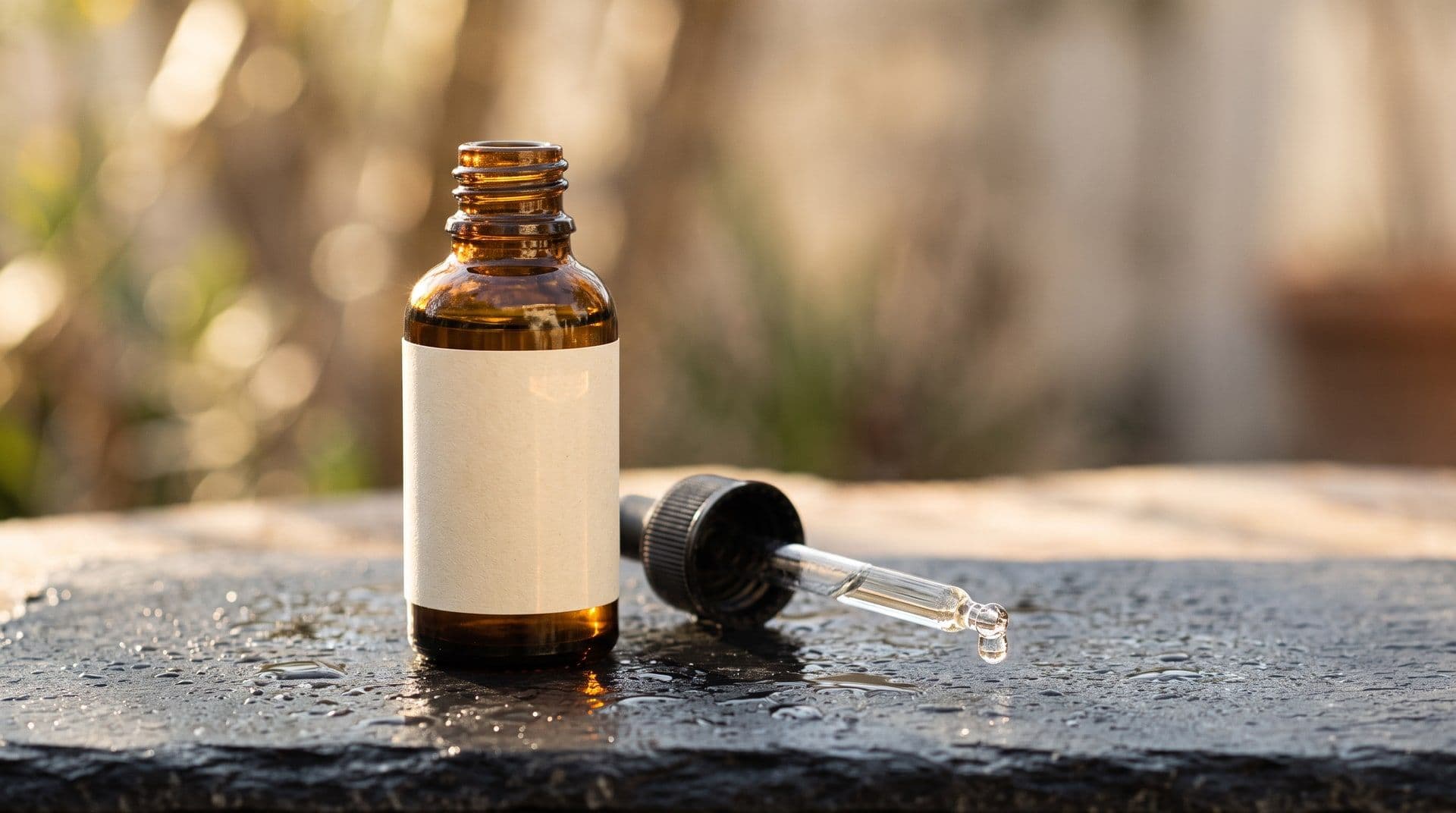 Amber dropper bottle with a blank label on wet slate in golden morning light. AI-generated · Veo 3.1