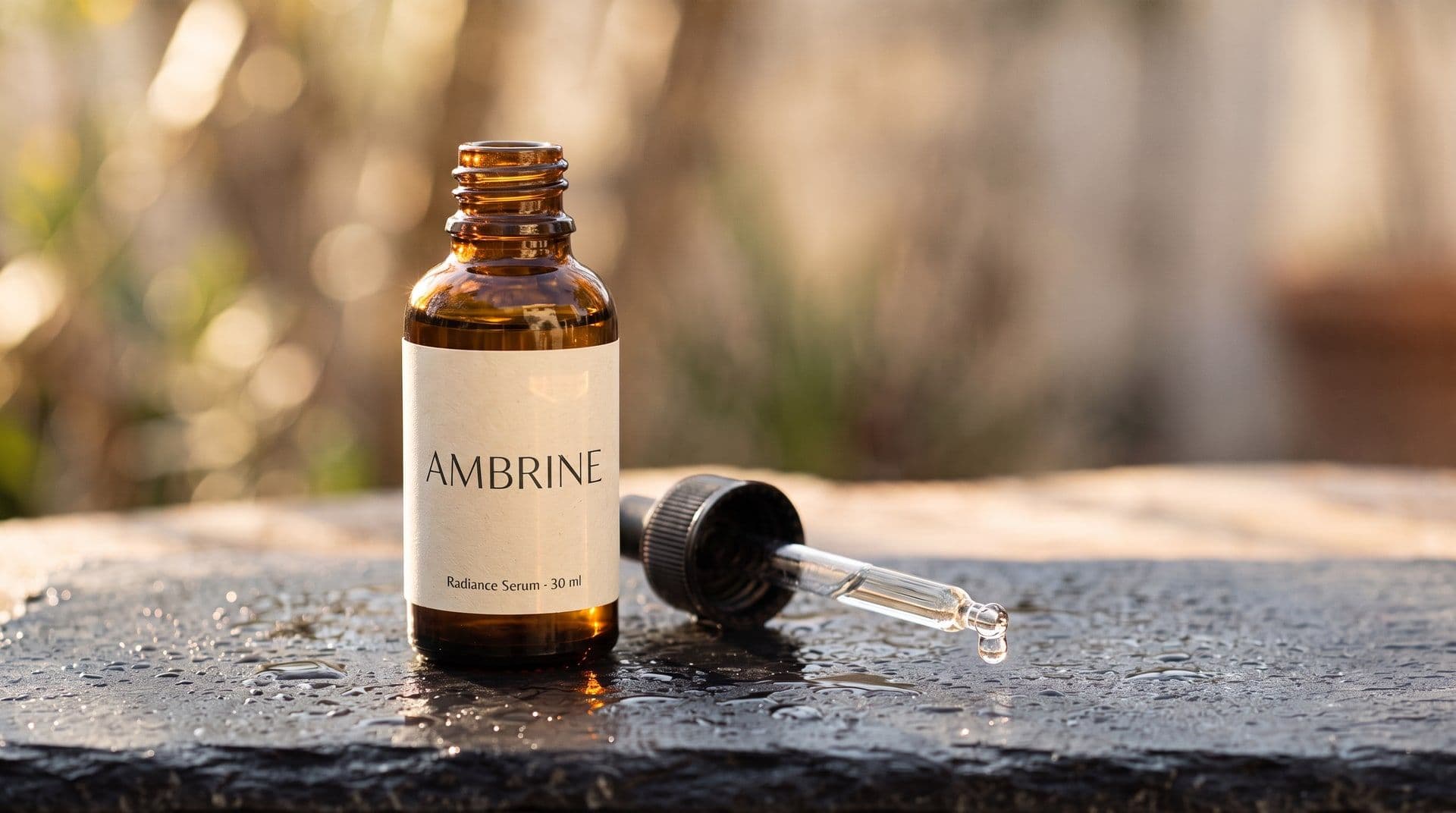 Amber serum bottle labelled AMBRINE Radiance Serum on wet slate, a glass pipette beside it. AI-generated · Veo 3.1