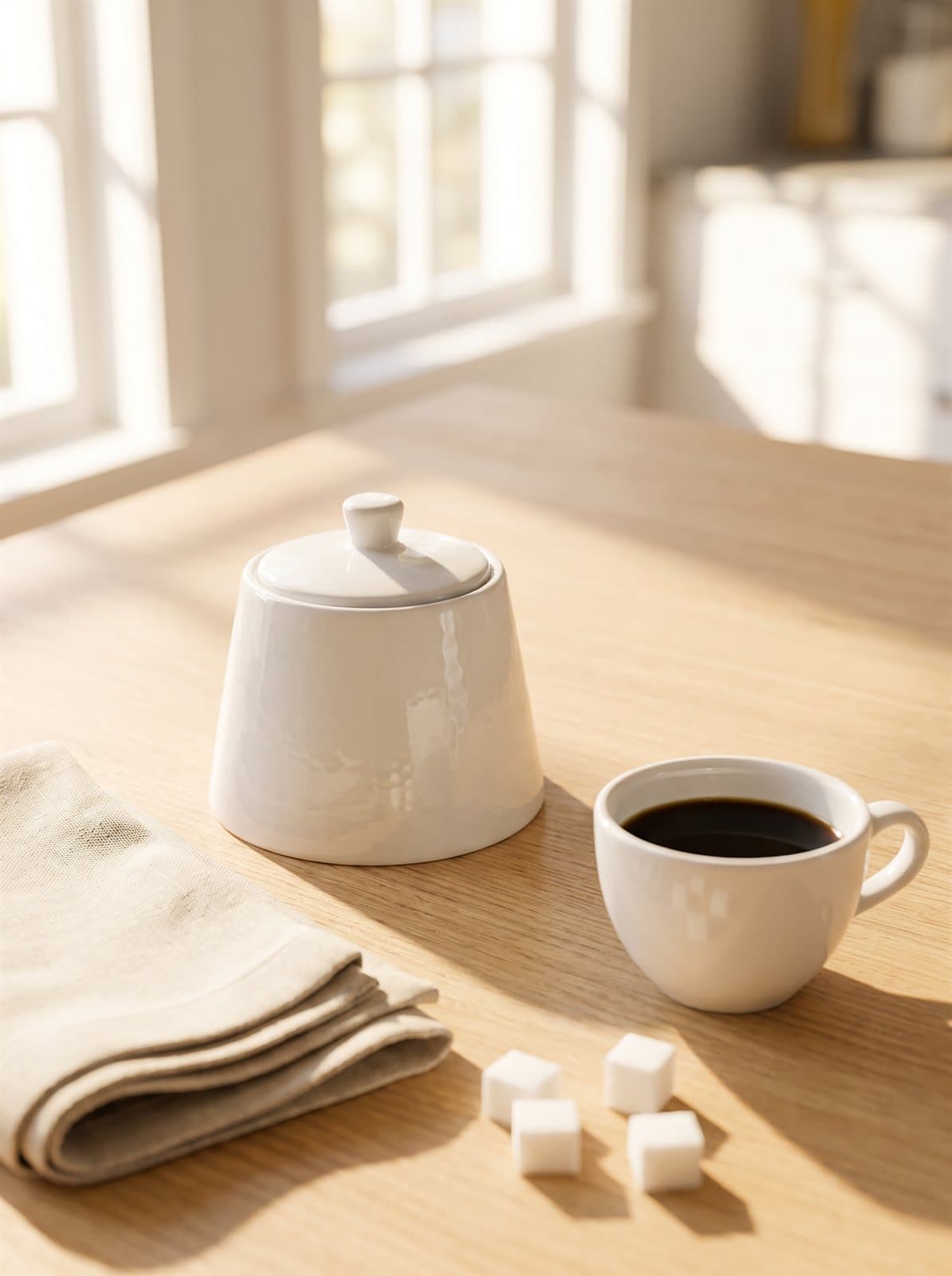 White ceramic sugar bowl with a domed lid beside a cup of black coffee on a sunlit breakfast table. AI-generated · Nano Banana Pro