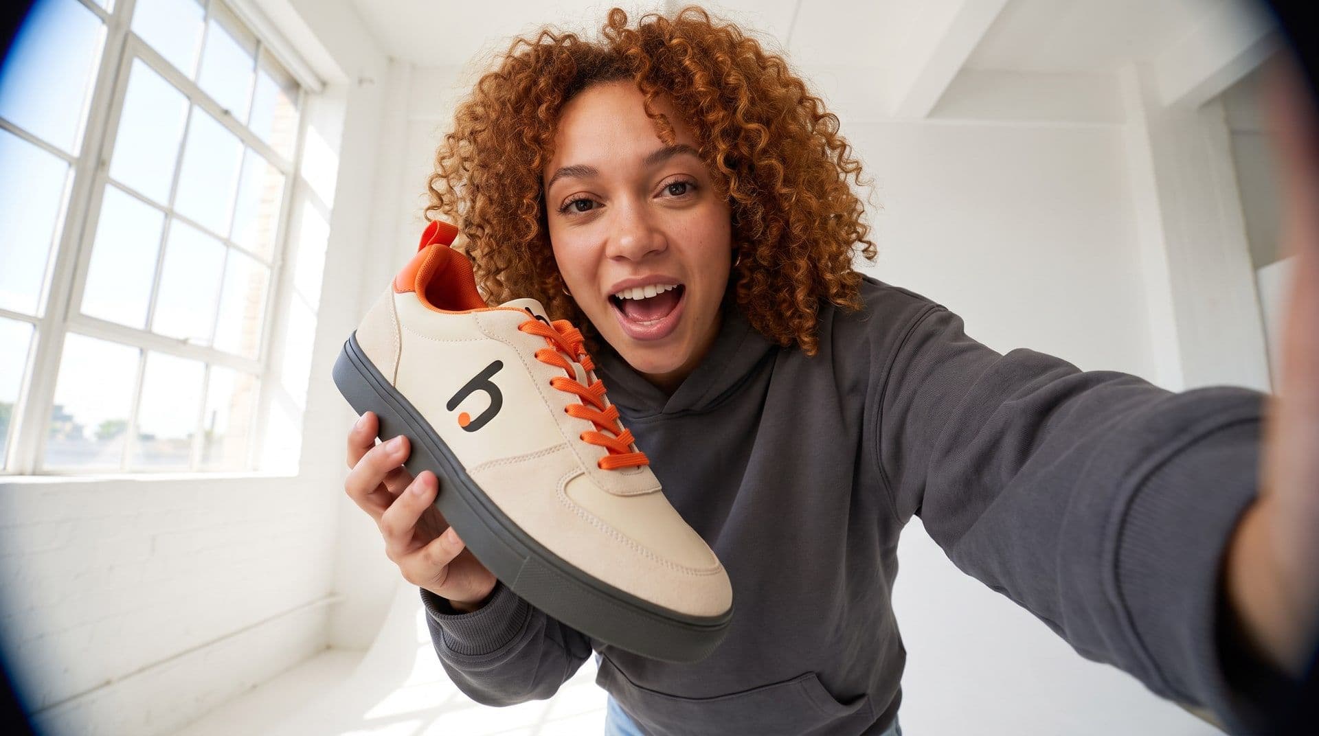 Creator in a grey hoodie holding a cream and orange sneaker with the Hooxy mark up to the camera. AI-generated · Veo 3.1