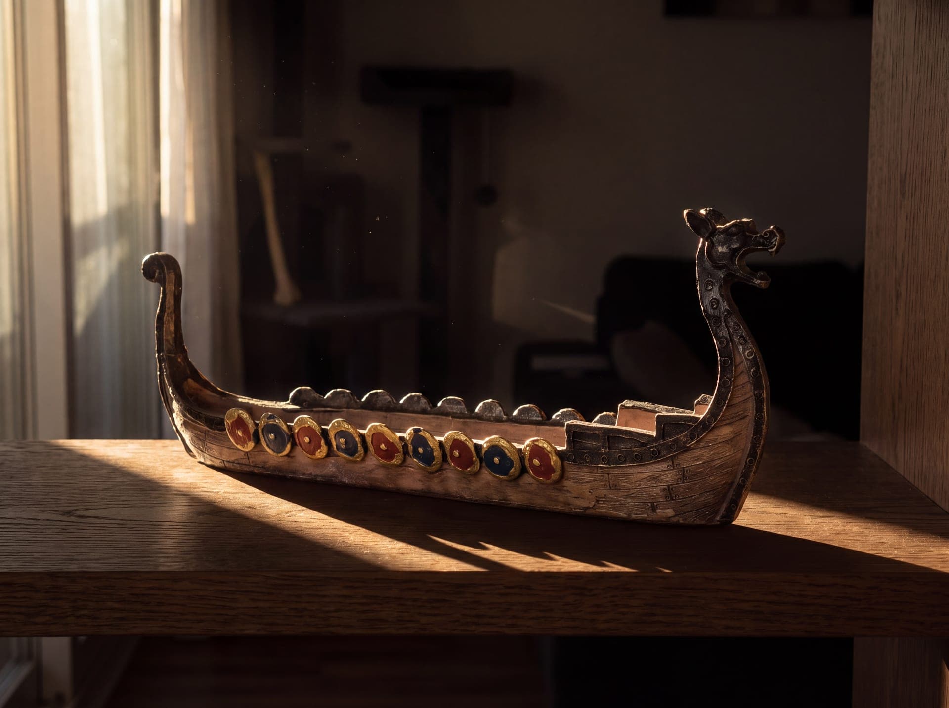Carved wooden Viking longship model with painted shields standing on a shelf. AI-generated · Nano Banana Pro