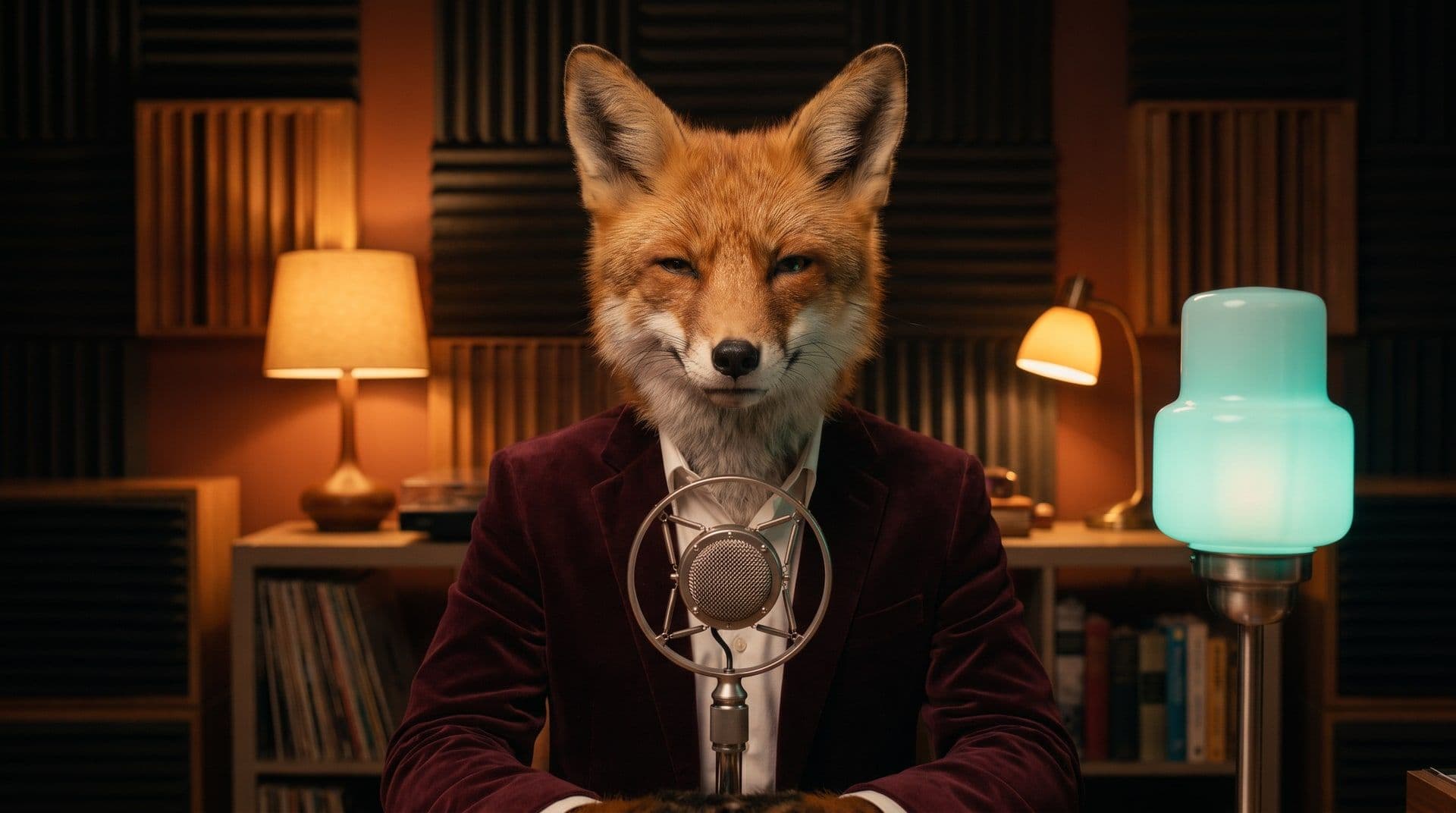 Fox radio host in a burgundy velvet jacket at a vintage studio microphone. AI-generated · Kling Avatar v2 + Eleven v3