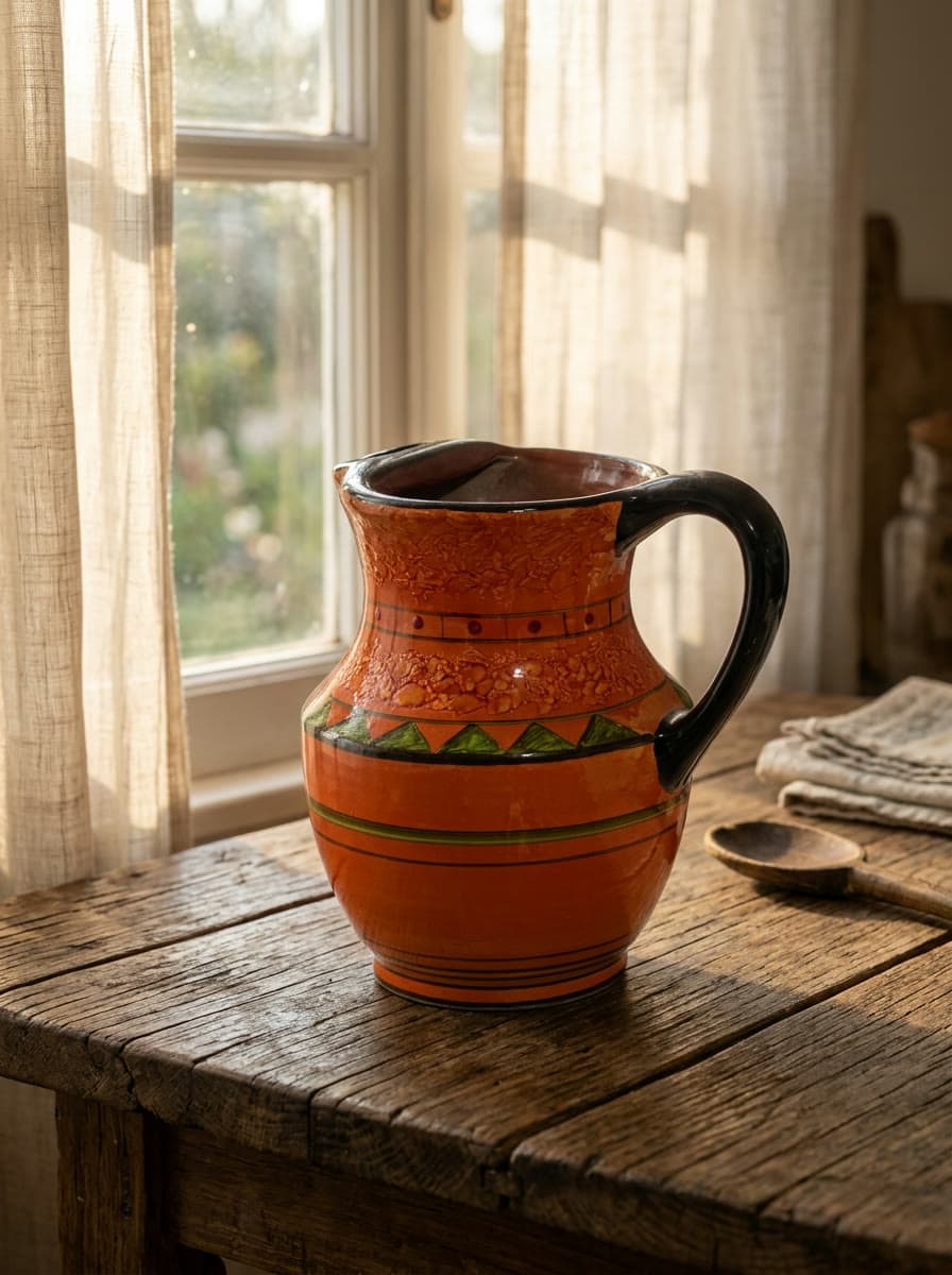 Hand-painted orange ceramic jug with green triangles and a black handle on a wooden table by a sunlit window. AI-generated · Nano Banana 2 + Wan 3.0